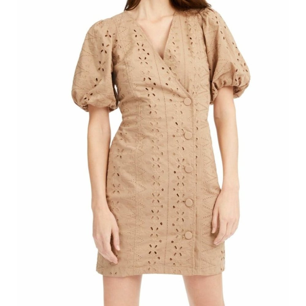 INC Women's Puff Sleeve Eyelet Button Front A-Line